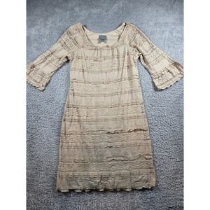 Rabbit Rabbit Rabbit Designs‎ Dress 8 Tan Womens Tiered Lace Bell Sleeve Scoop